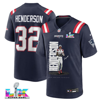 TreVeyon Henderson 32 New England Patriots Super Bowl LX Elite Playmaker Men Jersey – Navy