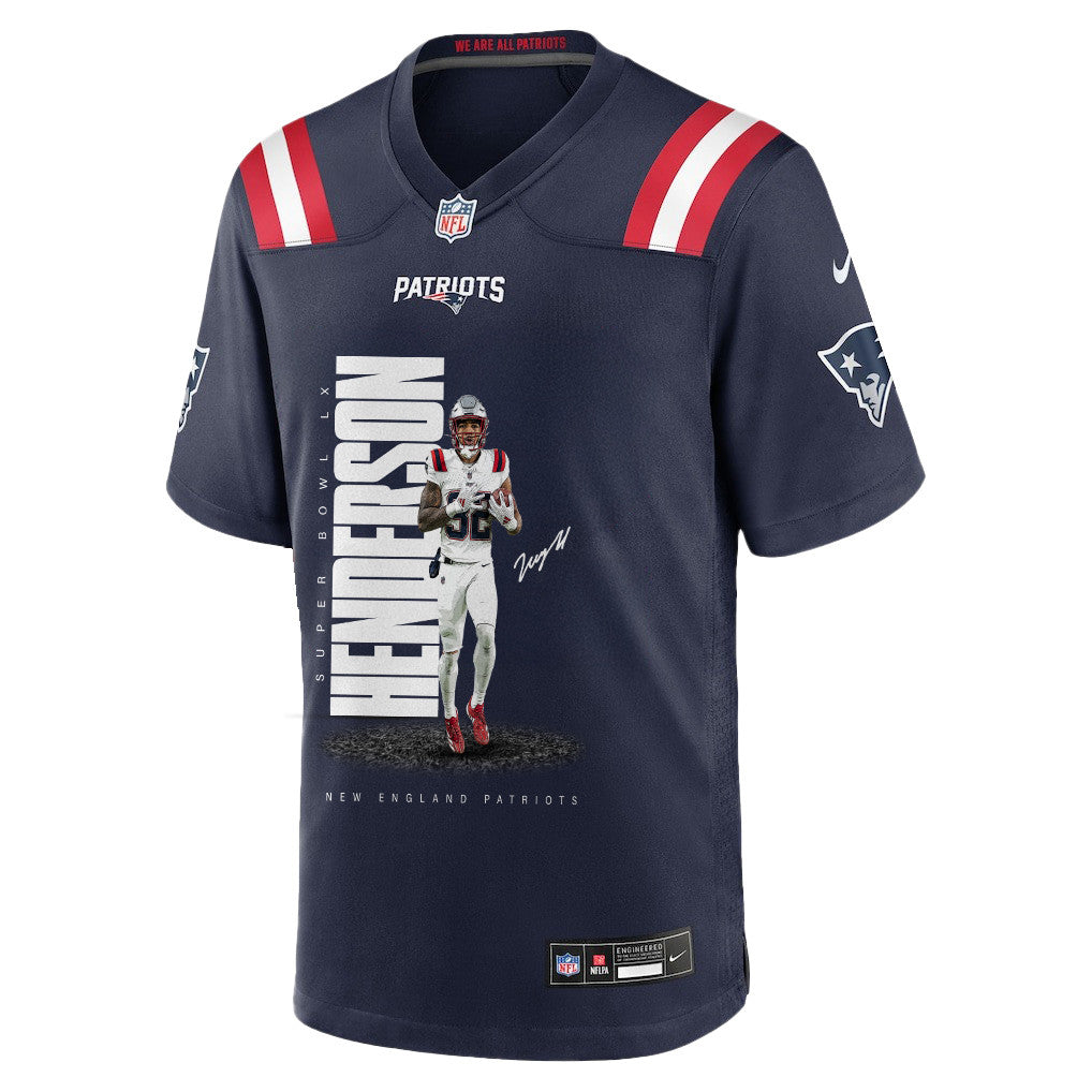 TreVeyon Henderson 32 New England Patriots Super Bowl LX Elite Playmaker Men Jersey – Navy