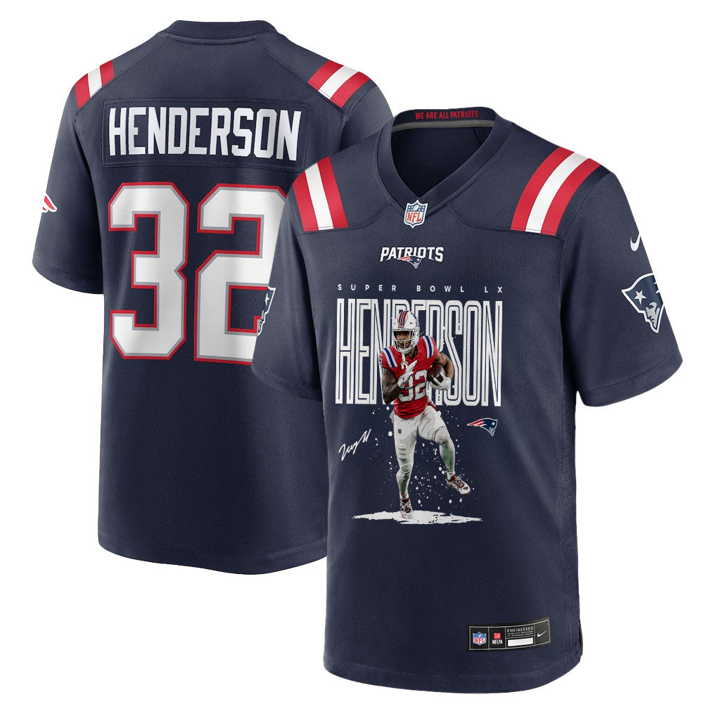 TreVeyon Henderson 32 New England Patriots Super Bowl LX Dynamic Power Runner Men Jersey – Navy