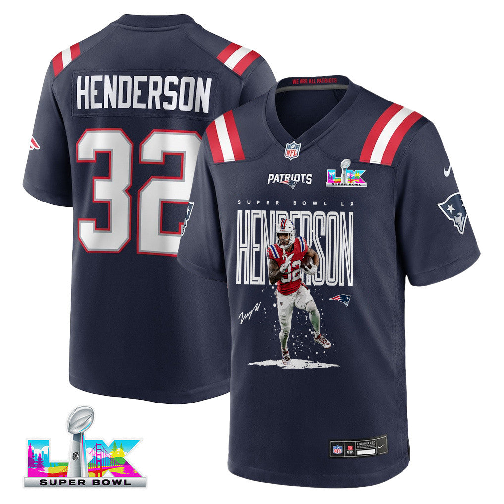 TreVeyon Henderson 32 New England Patriots Super Bowl LX Dynamic Power Runner Men Jersey – Navy