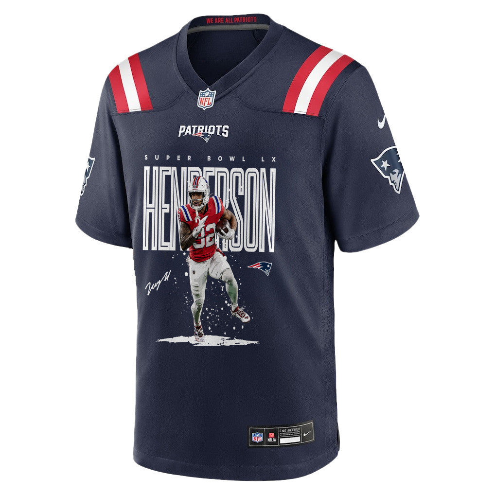 TreVeyon Henderson 32 New England Patriots Super Bowl LX Dynamic Power Runner Men Jersey – Navy