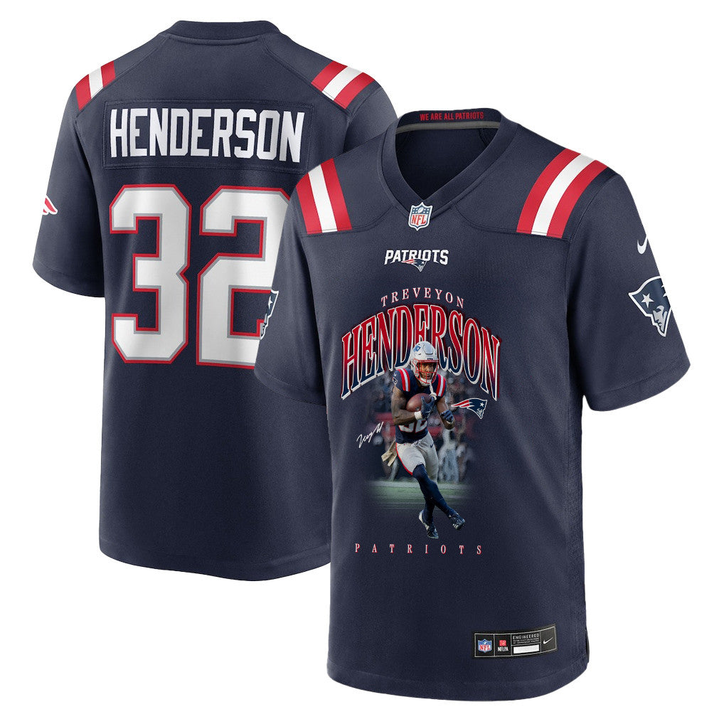 TreVeyon Henderson 32 New England Patriots Super Bowl LX Game-Ready Star Men Jersey – Navy