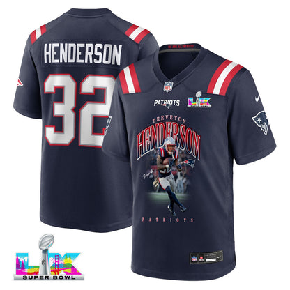 TreVeyon Henderson 32 New England Patriots Super Bowl LX Game-Ready Star Men Jersey – Navy