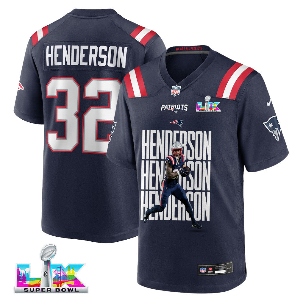 TreVeyon Henderson 32 New England Patriots Super Bowl LX Championship Legacy Men Jersey – Navy