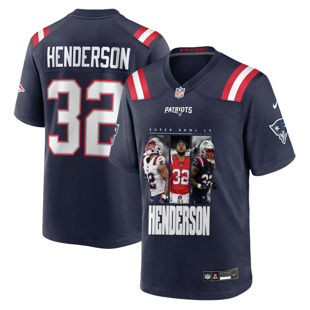 TreVeyon Henderson 32 New England Patriots Super Bowl LX Explosive Talent Men Jersey – Navy