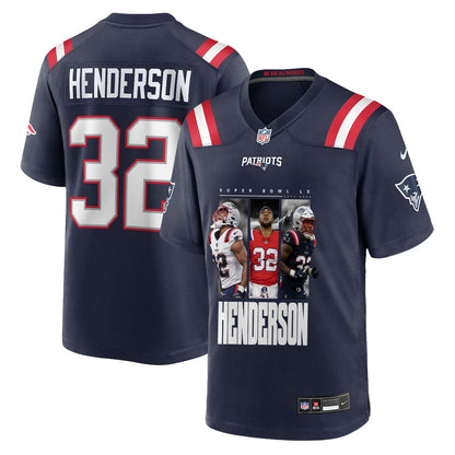 TreVeyon Henderson 32 New England Patriots Super Bowl LX Explosive Talent Men Jersey – Navy