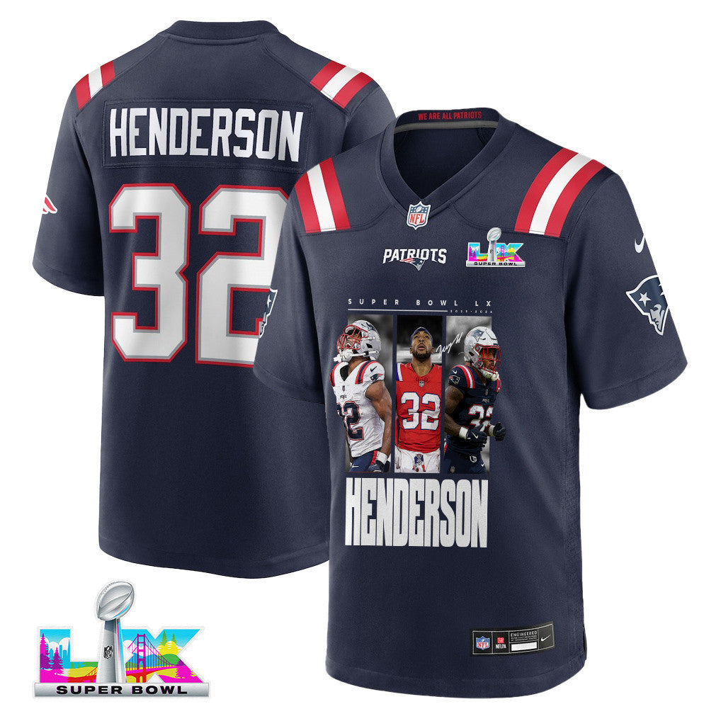 TreVeyon Henderson 32 New England Patriots Super Bowl LX Explosive Talent Men Jersey – Navy