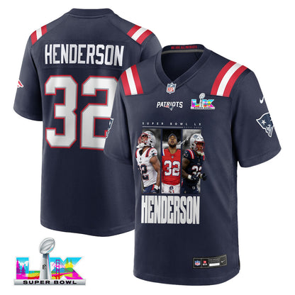 TreVeyon Henderson 32 New England Patriots Super Bowl LX Explosive Talent Men Jersey – Navy