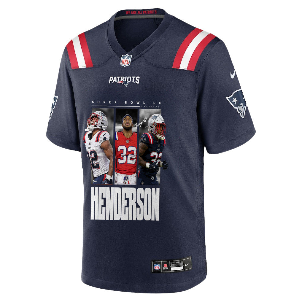TreVeyon Henderson 32 New England Patriots Super Bowl LX Explosive Talent Men Jersey – Navy