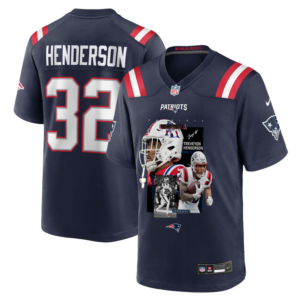 TreVeyon Henderson 32 New England Patriots Super Bowl LX Rising Legend Men Jersey – Navy