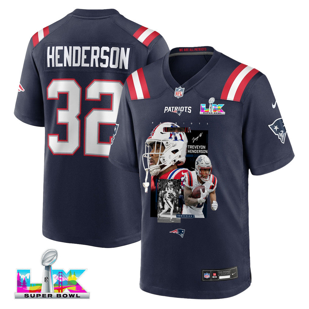 TreVeyon Henderson 32 New England Patriots Super Bowl LX Rising Legend Men Jersey – Navy