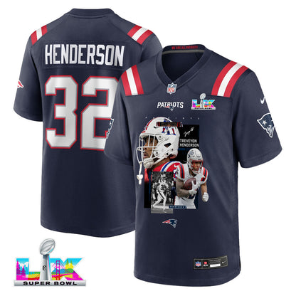 TreVeyon Henderson 32 New England Patriots Super Bowl LX Rising Legend Men Jersey – Navy