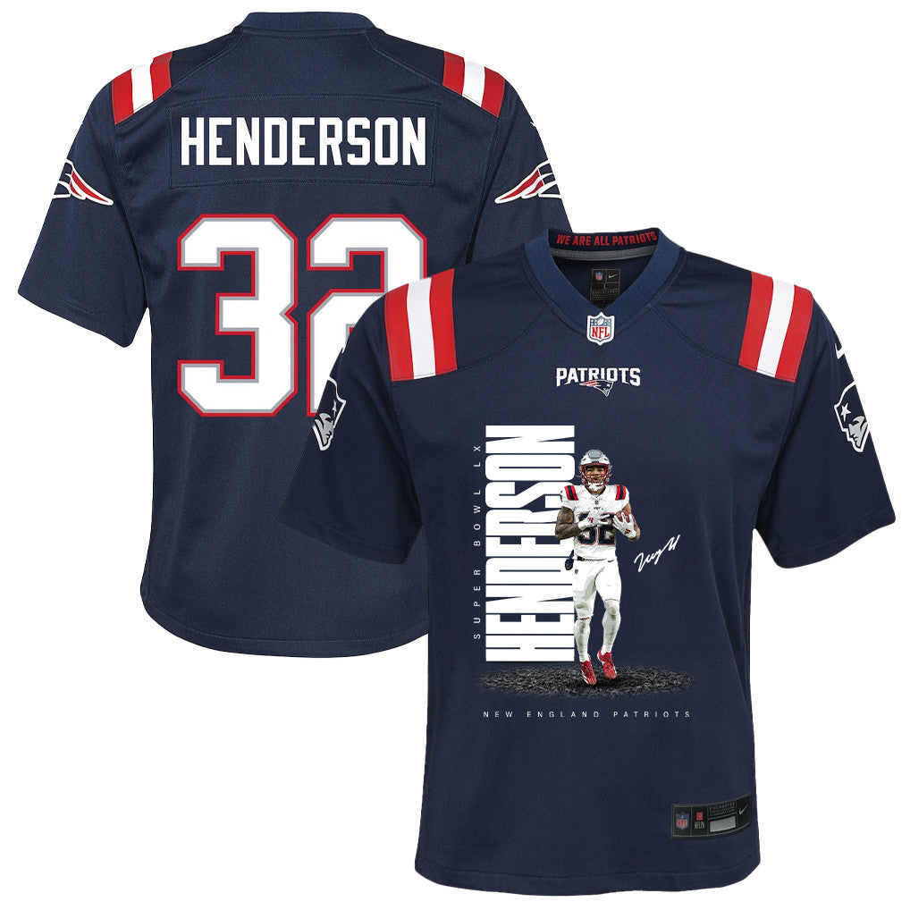 TreVeyon Henderson 32 New England Patriots Super Bowl LX Elite Playmaker YOUTH Jersey – Navy