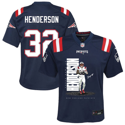 TreVeyon Henderson 32 New England Patriots Super Bowl LX Elite Playmaker YOUTH Jersey – Navy