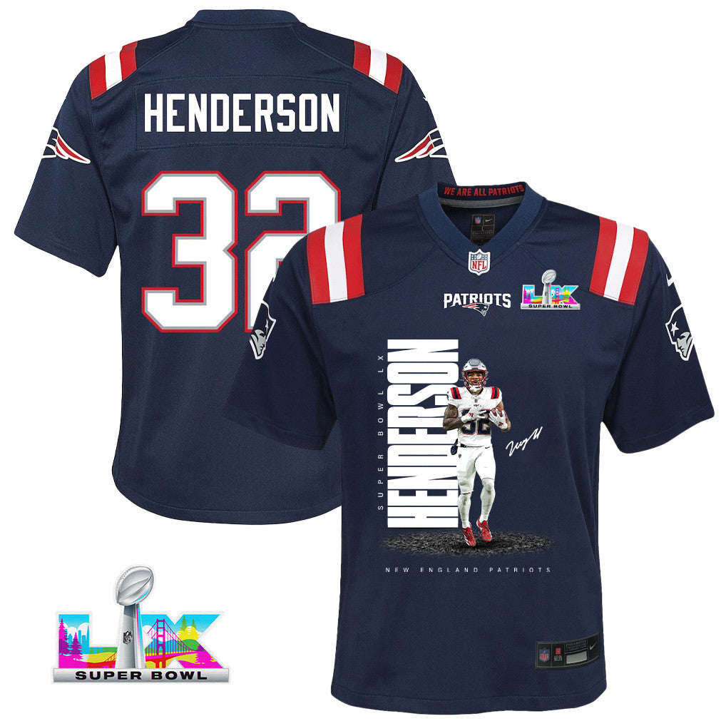 TreVeyon Henderson 32 New England Patriots Super Bowl LX Elite Playmaker YOUTH Jersey – Navy