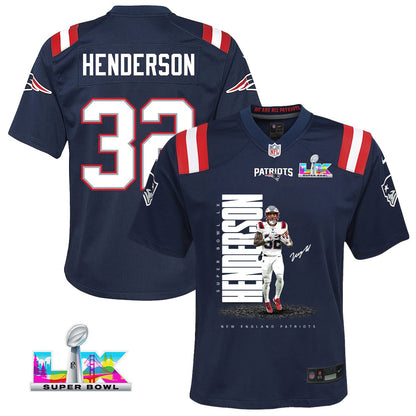 TreVeyon Henderson 32 New England Patriots Super Bowl LX Elite Playmaker YOUTH Jersey – Navy