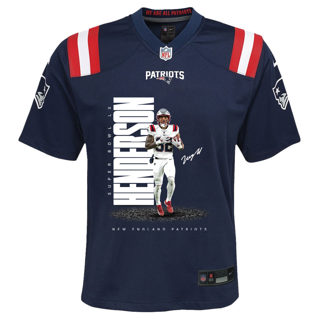 TreVeyon Henderson 32 New England Patriots Super Bowl LX Elite Playmaker YOUTH Jersey – Navy