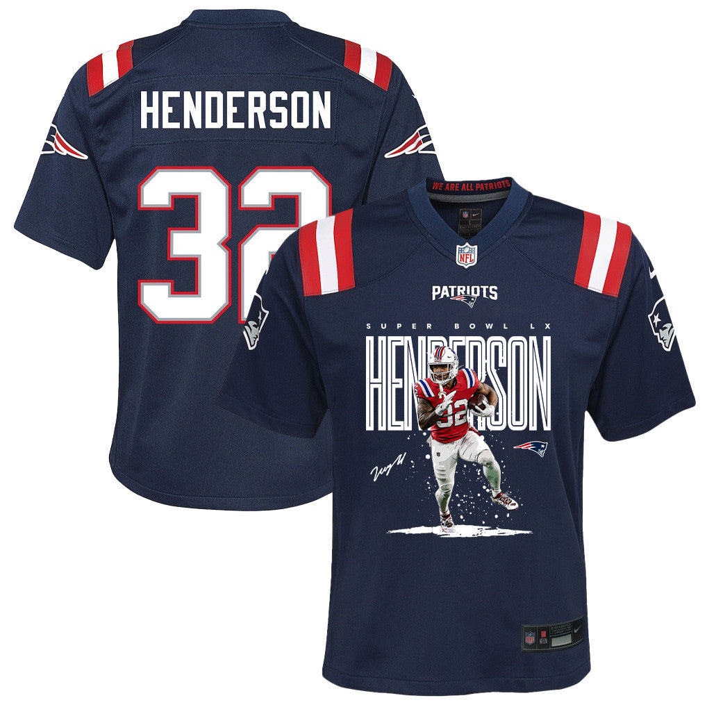 TreVeyon Henderson 32 New England Patriots Super Bowl LX Dynamic Power Runner YOUTH Jersey – Navy
