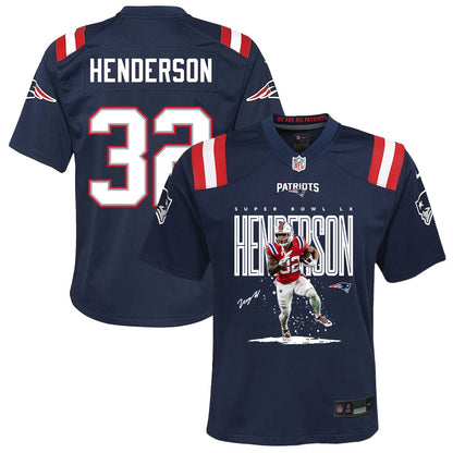 TreVeyon Henderson 32 New England Patriots Super Bowl LX Dynamic Power Runner YOUTH Jersey – Navy