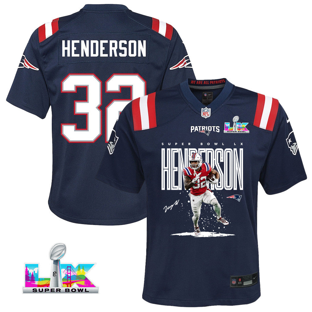 TreVeyon Henderson 32 New England Patriots Super Bowl LX Dynamic Power Runner YOUTH Jersey – Navy