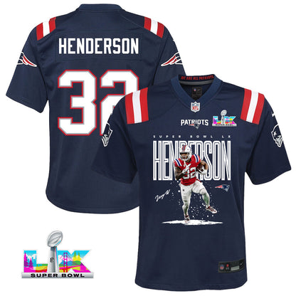 TreVeyon Henderson 32 New England Patriots Super Bowl LX Dynamic Power Runner YOUTH Jersey – Navy
