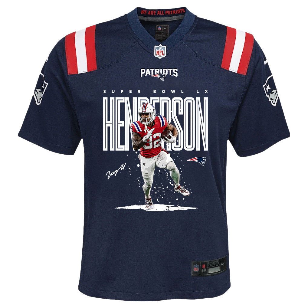 TreVeyon Henderson 32 New England Patriots Super Bowl LX Dynamic Power Runner YOUTH Jersey – Navy