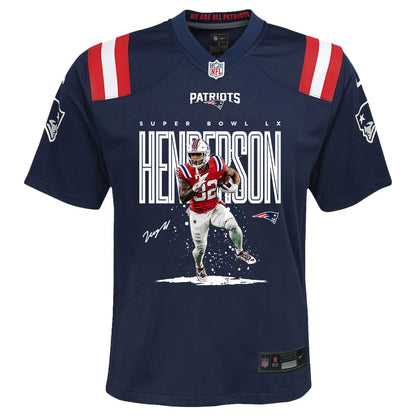 TreVeyon Henderson 32 New England Patriots Super Bowl LX Dynamic Power Runner YOUTH Jersey – Navy
