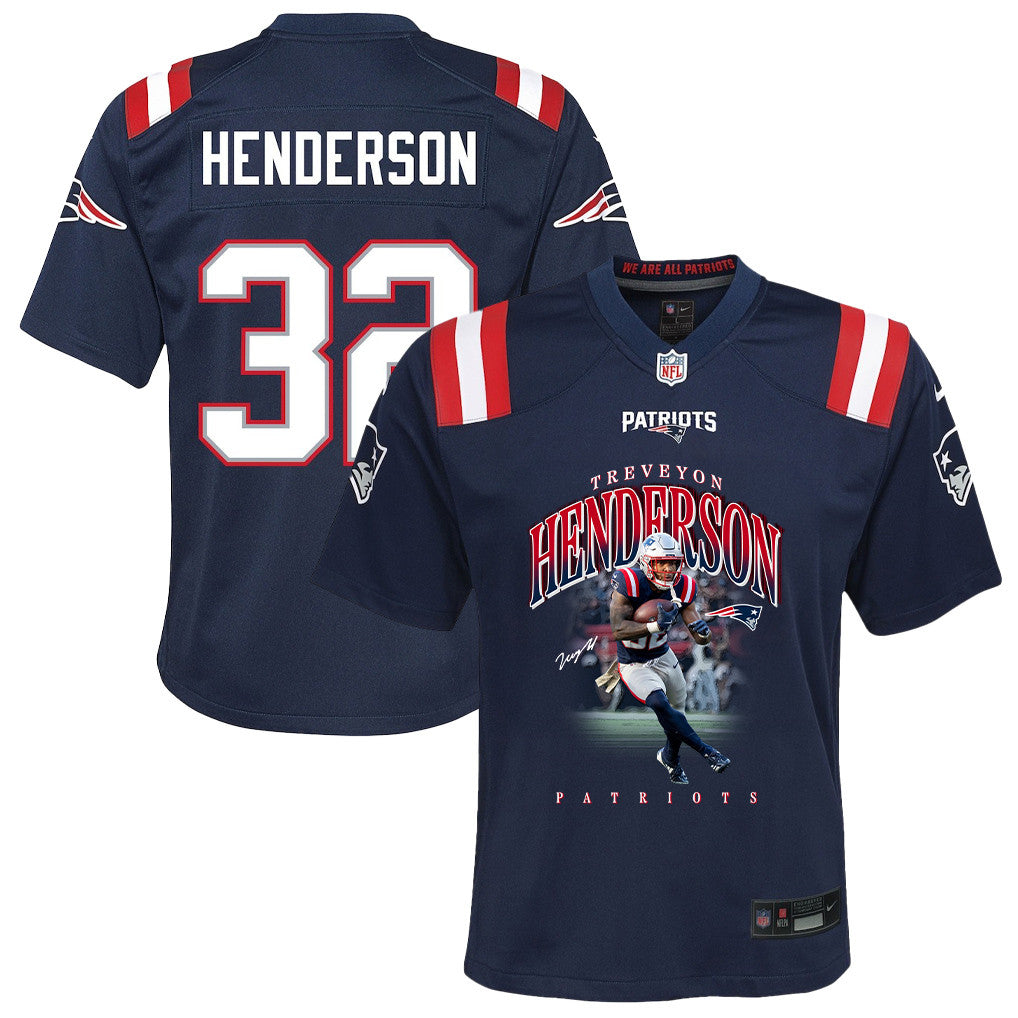 TreVeyon Henderson 32 New England Patriots Super Bowl LX Game-Ready Star YOUTH Jersey – Navy