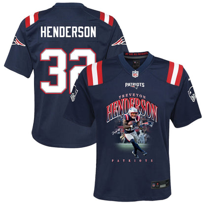 TreVeyon Henderson 32 New England Patriots Super Bowl LX Game-Ready Star YOUTH Jersey – Navy