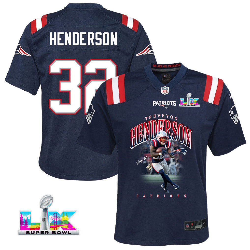 TreVeyon Henderson 32 New England Patriots Super Bowl LX Game-Ready Star YOUTH Jersey – Navy