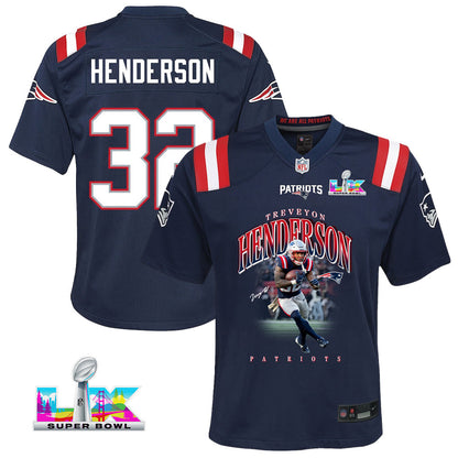 TreVeyon Henderson 32 New England Patriots Super Bowl LX Game-Ready Star YOUTH Jersey – Navy