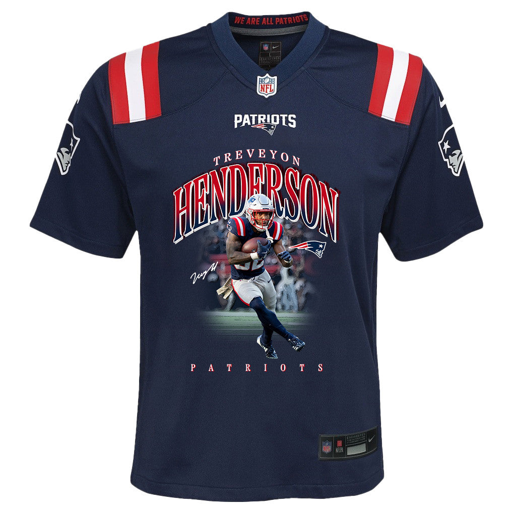 TreVeyon Henderson 32 New England Patriots Super Bowl LX Game-Ready Star YOUTH Jersey – Navy