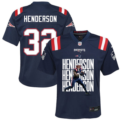 TreVeyon Henderson 32 New England Patriots Super Bowl LX Championship Legacy YOUTH Jersey – Navy