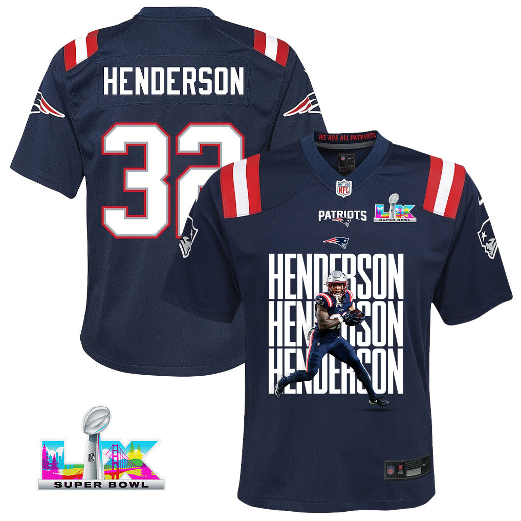 TreVeyon Henderson 32 New England Patriots Super Bowl LX Championship Legacy YOUTH Jersey – Navy