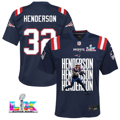 TreVeyon Henderson 32 New England Patriots Super Bowl LX Championship Legacy YOUTH Jersey – Navy