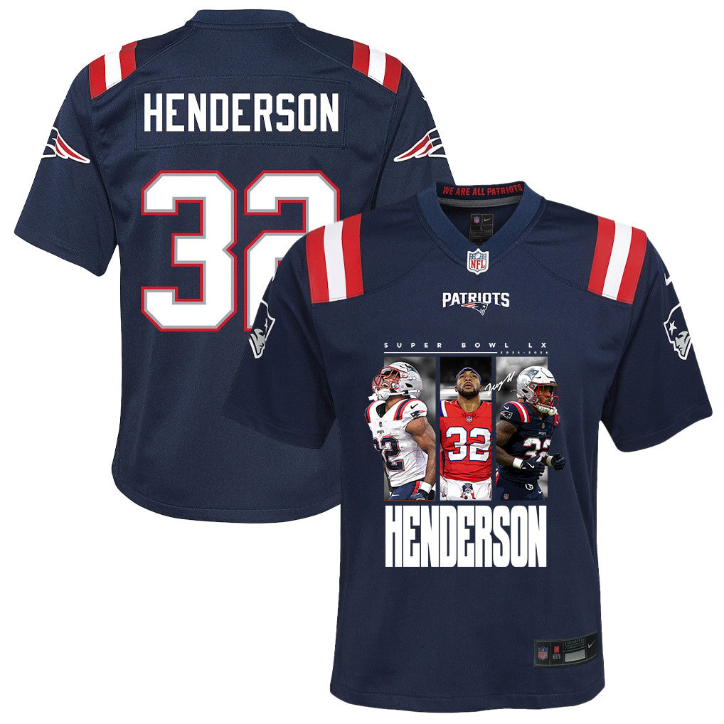 TreVeyon Henderson 32 New England Patriots Super Bowl LX Explosive Talent YOUTH Jersey – Navy