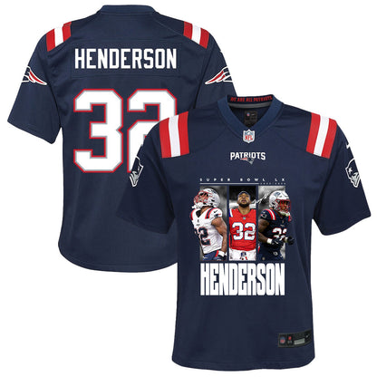 TreVeyon Henderson 32 New England Patriots Super Bowl LX Explosive Talent YOUTH Jersey – Navy