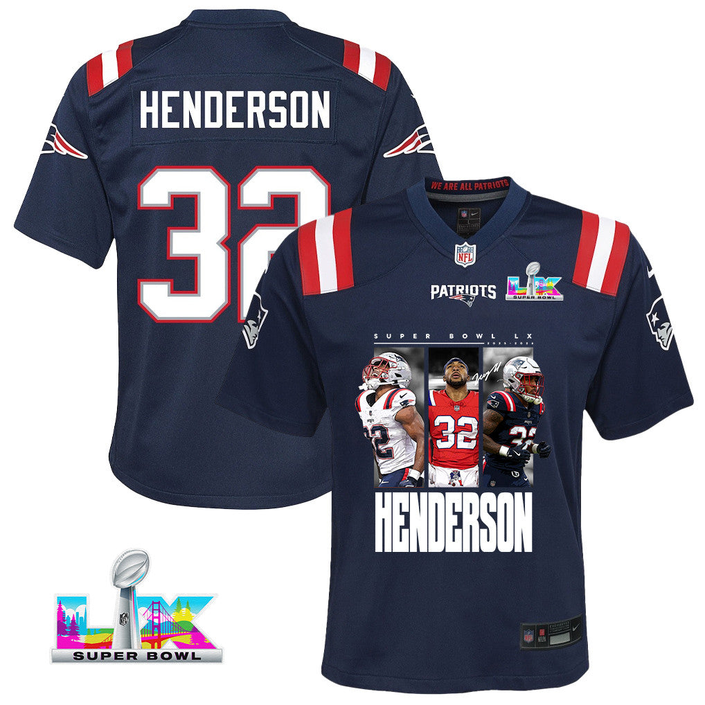 TreVeyon Henderson 32 New England Patriots Super Bowl LX Explosive Talent YOUTH Jersey – Navy