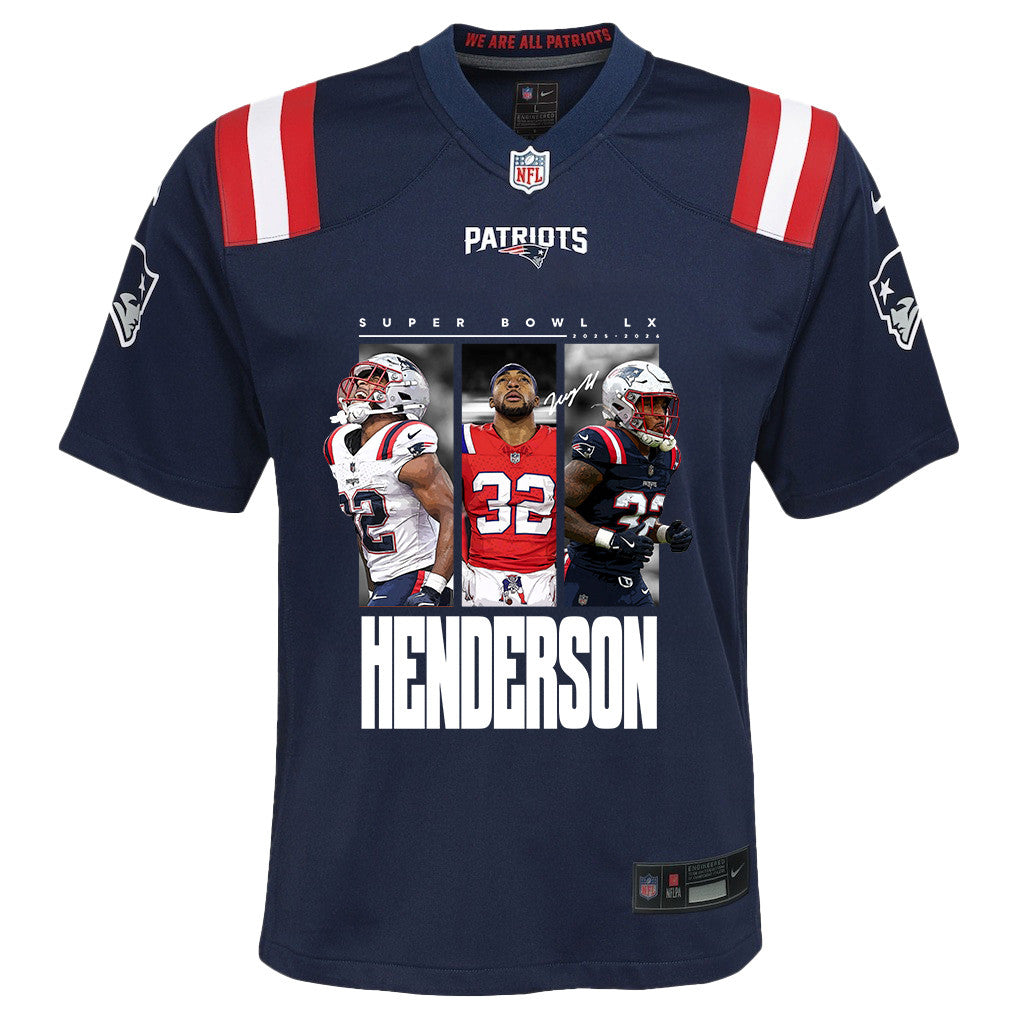 TreVeyon Henderson 32 New England Patriots Super Bowl LX Explosive Talent YOUTH Jersey – Navy