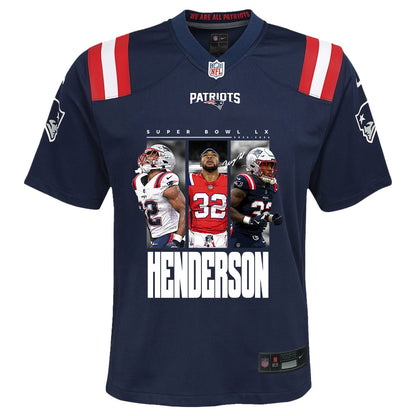 TreVeyon Henderson 32 New England Patriots Super Bowl LX Explosive Talent YOUTH Jersey – Navy