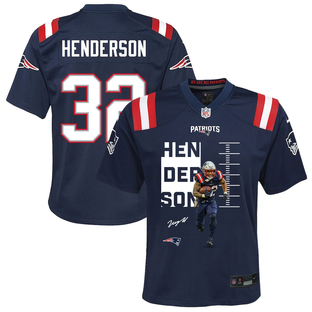 TreVeyon Henderson 32 New England Patriots Super Bowl LX Rising Legend Men Jersey – Navy