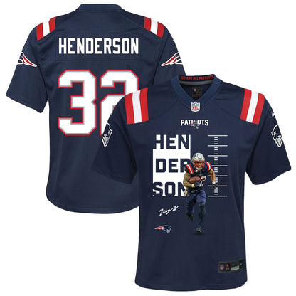 TreVeyon Henderson 32 New England Patriots Super Bowl LX Rising Legend Men Jersey – Navy