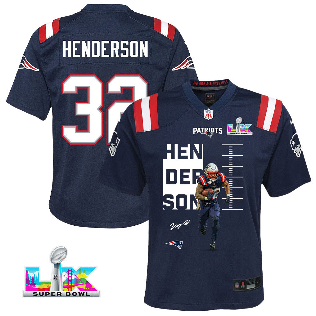 TreVeyon Henderson 32 New England Patriots Super Bowl LX Rising Legend Men Jersey – Navy