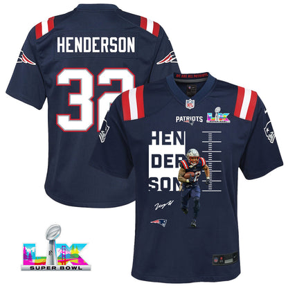 TreVeyon Henderson 32 New England Patriots Super Bowl LX Rising Legend Men Jersey – Navy