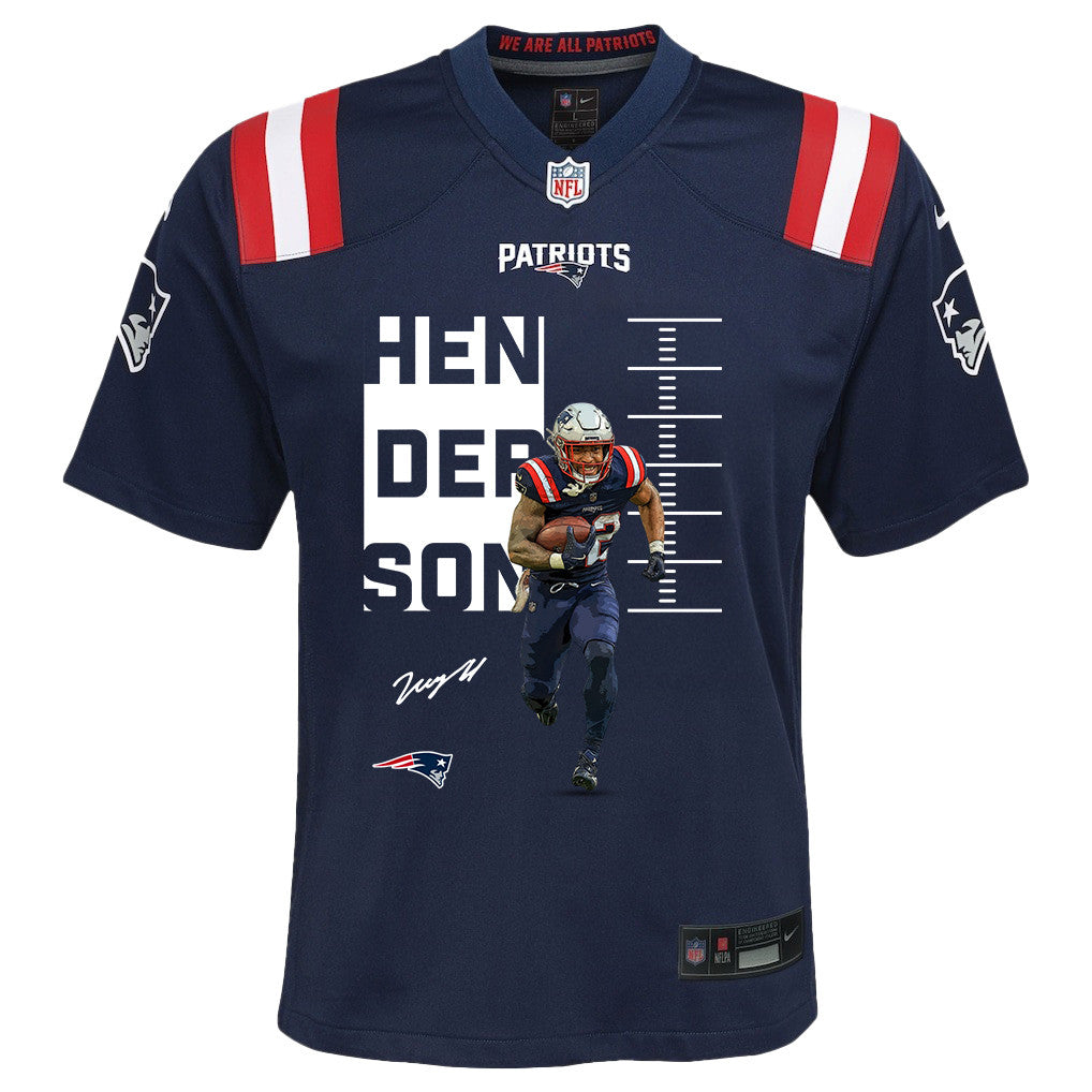 TreVeyon Henderson 32 New England Patriots Super Bowl LX Rising Legend Men Jersey – Navy