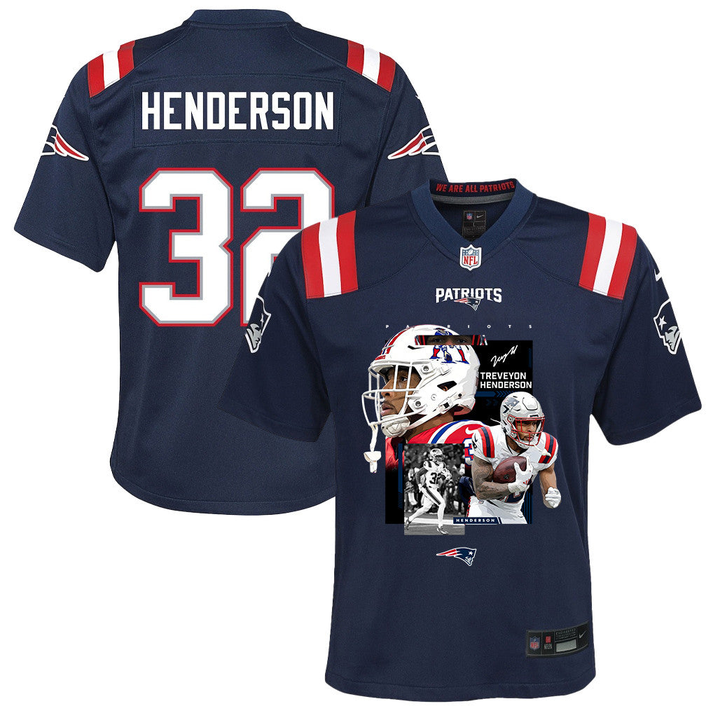 TreVeyon Henderson 32 New England Patriots Super Bowl LX Must-Have Champion Men Jersey – Navy