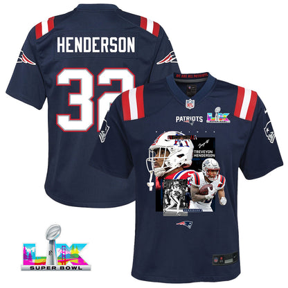 TreVeyon Henderson 32 New England Patriots Super Bowl LX Must-Have Champion Men Jersey – Navy