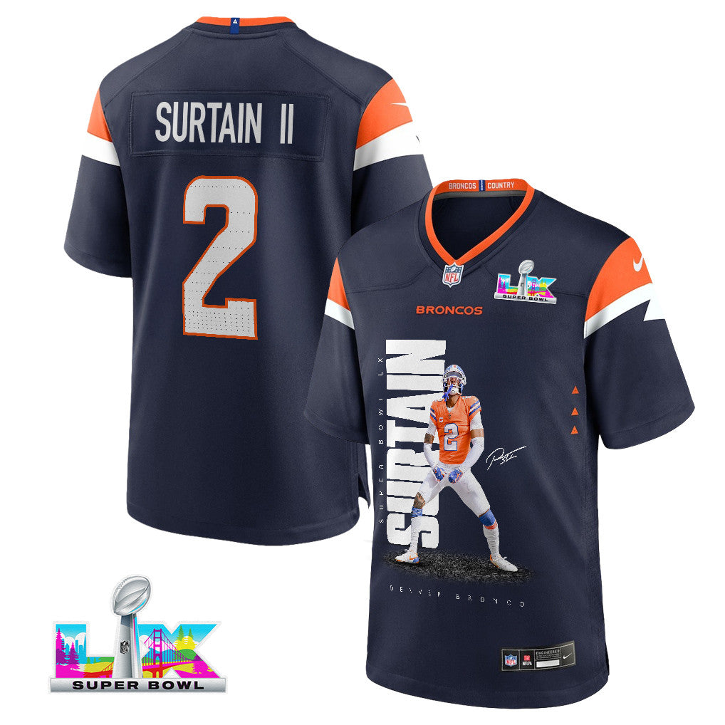 Pat Surtain II 2 Denver Broncos Super Bowl LX Shutdown Defender Men Jersey – Navy