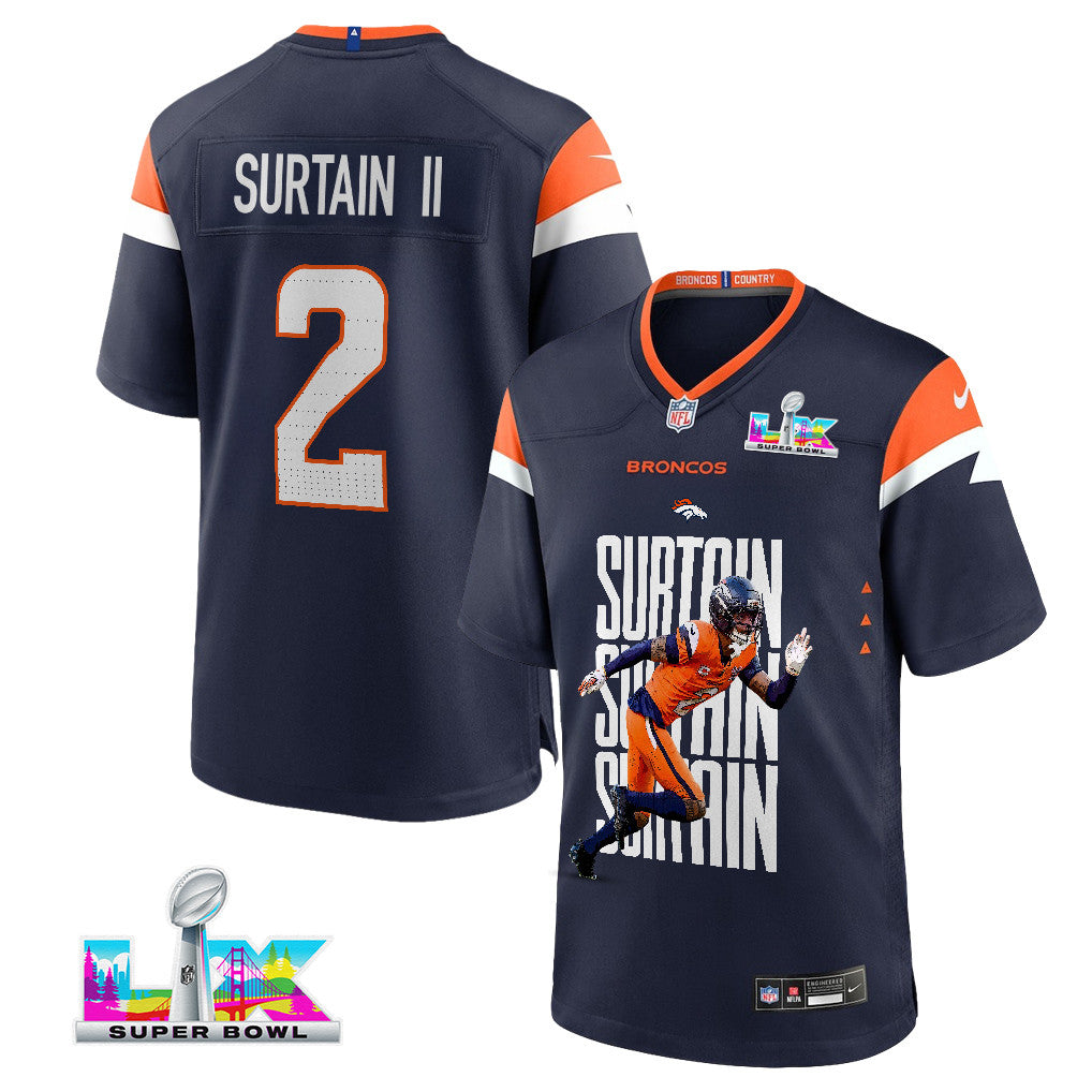 Pat Surtain II 2 Denver Broncos Super Bowl LX Defensive Superstar Men Jersey – Navy