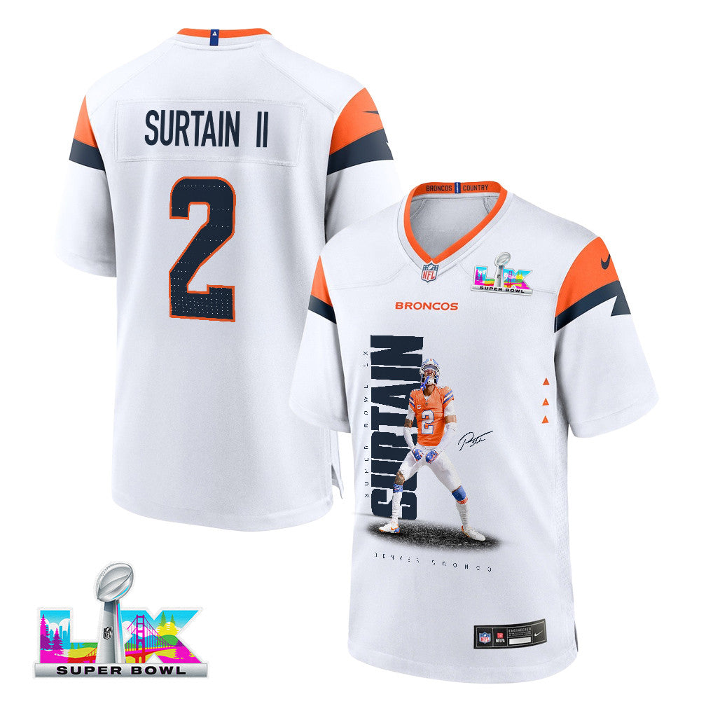 Pat Surtain II 2 Denver Broncos Super Bowl LX Shutdown Defender Game Men Jersey – White